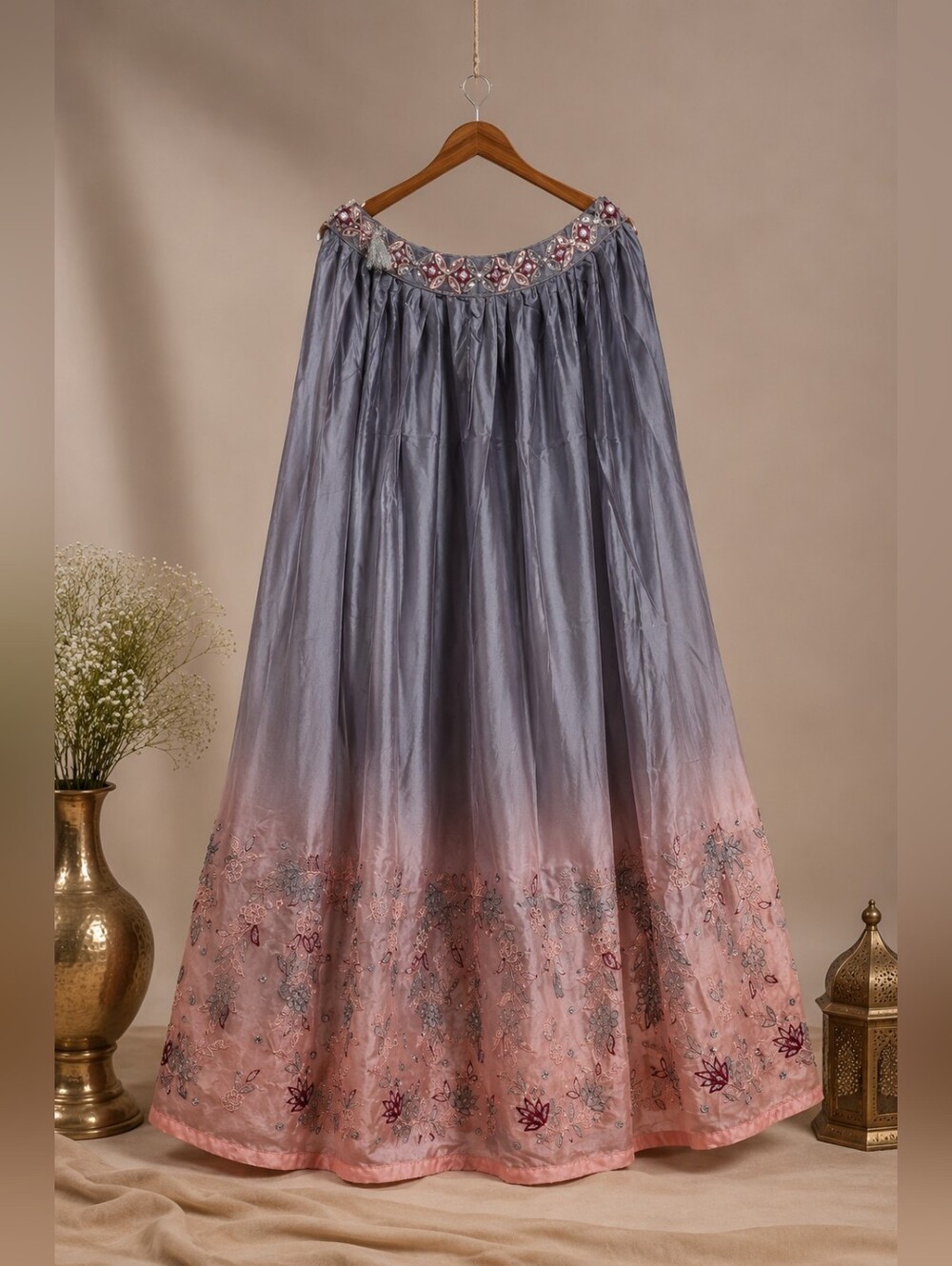 Grey & Blush Pink Embroidered Lehenga Choli Set with Printed Dupatta XS - Picture 4 of 8